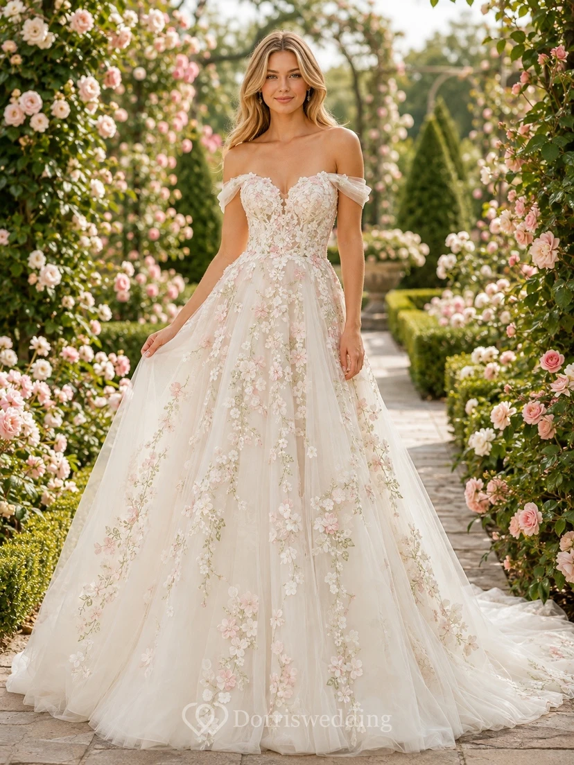 Vestido de novia formal de corte A con hombros descubiertos, estilo romántico y lujoso.