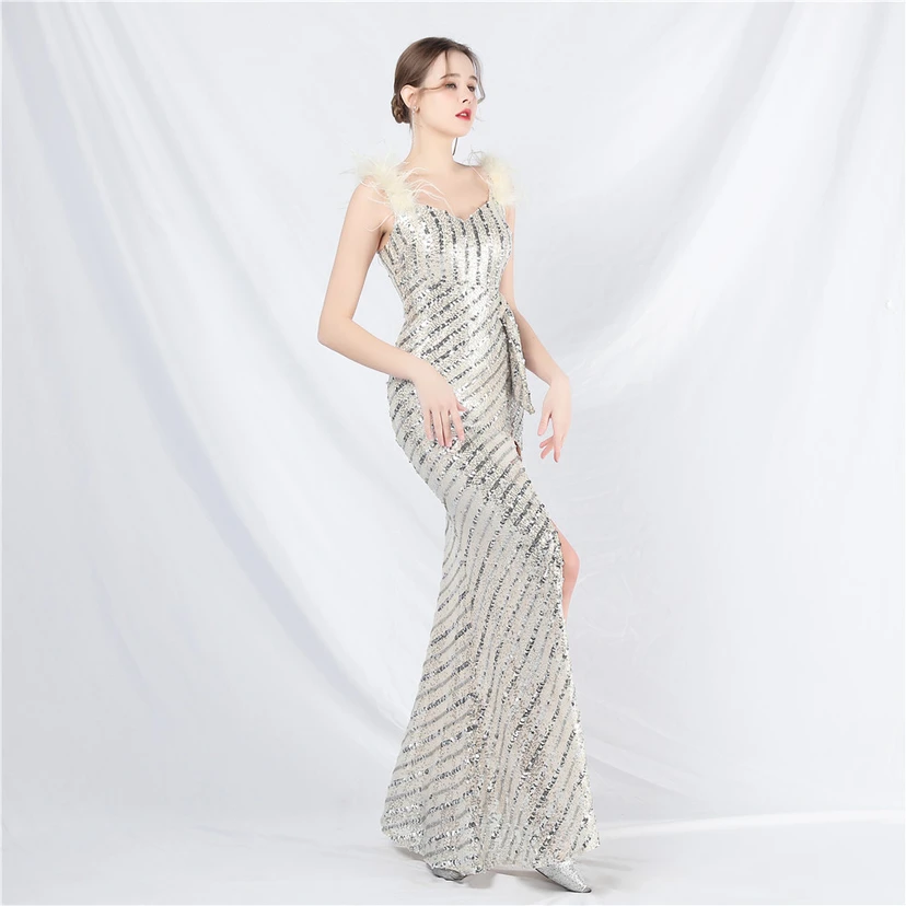 Evening Dress Craft Beaded Ostrich Feather Sequined Side Slit Evening Dress view 21