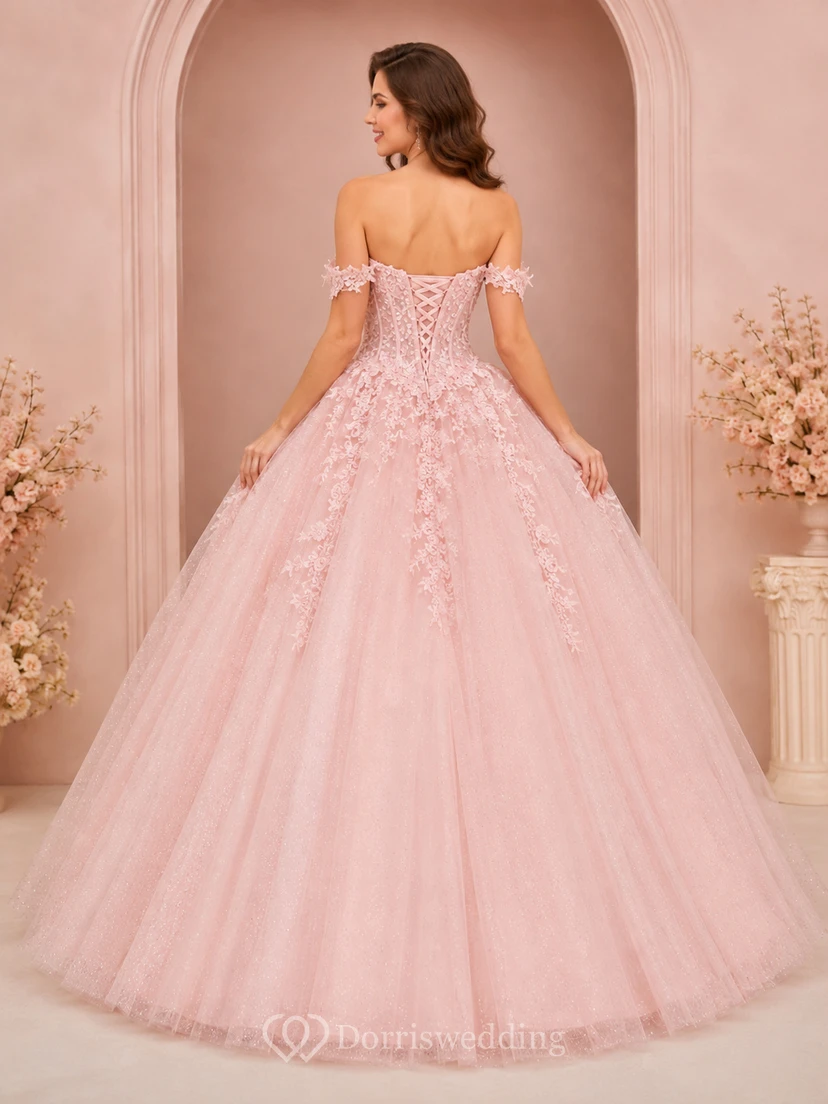Vestido de gala Rose Debut Blush, largo hasta el suelo, con hombros descubiertos y manga corta, de tul, de lujo para quinceañeras. view 2