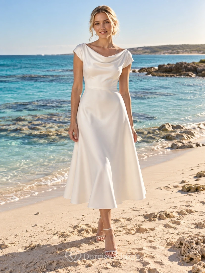 Einfaches, teelanges A-Linien-Strandhochzeitskleid aus Satin mit Wasserfallausschnitt und kurzen Ärmeln