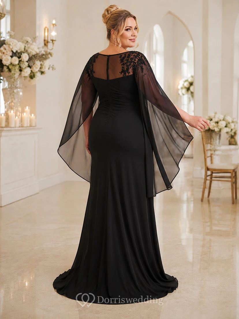 Robe de soirée sirène en dentelle noire illusion bateau, traîne balayée, grande taille view 2
