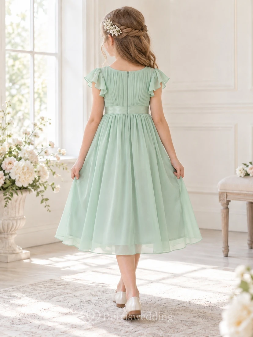 Tea-length Celadon Scoop Neck Flutter Sleeve Ruched Chiffon Flower Girl Dress view 2