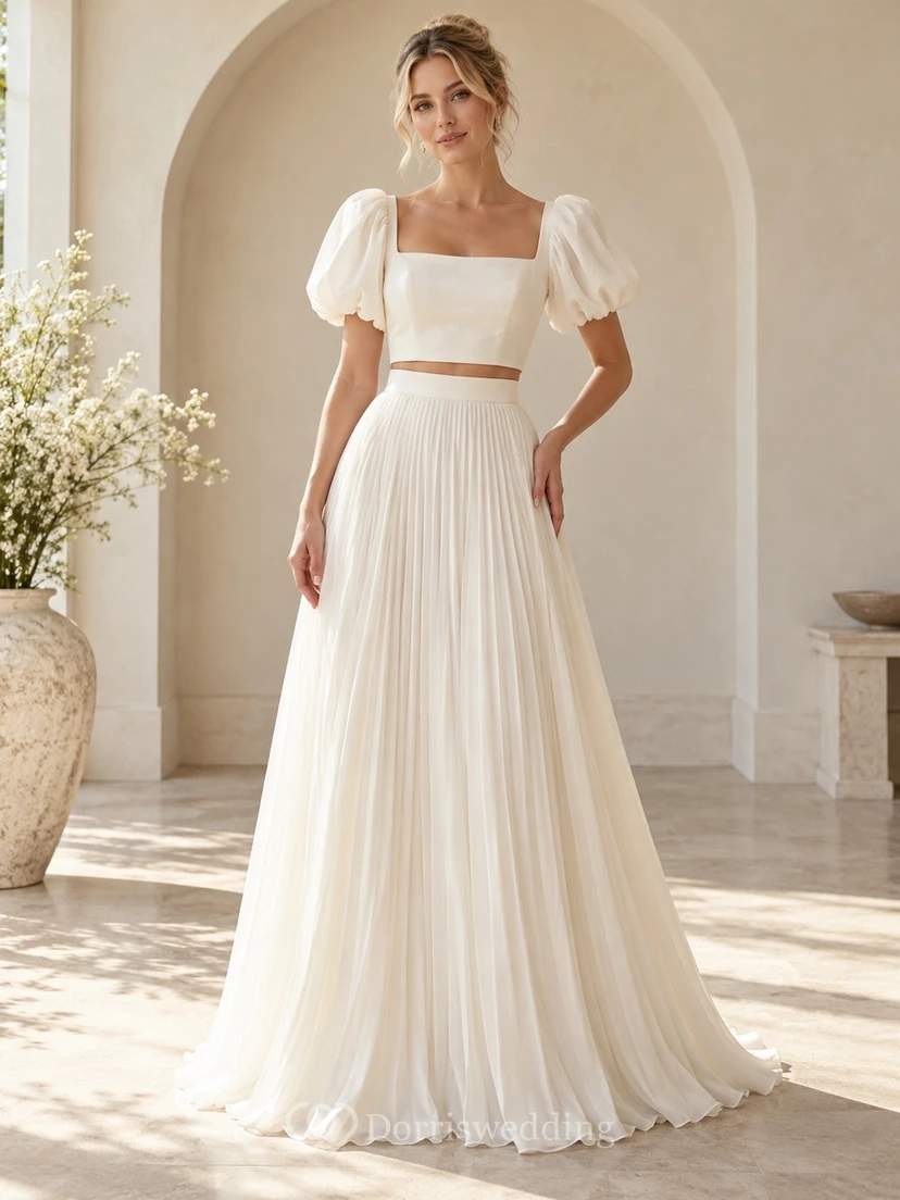 Simple Two Piece Square Neck Puff Sleeve Flowing Wedding Dress
