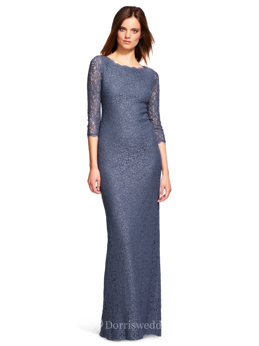 Sheath 3-4-Sleeve Bateau-Neck Long Split-Back Lace Bridesmaid Dress view 3