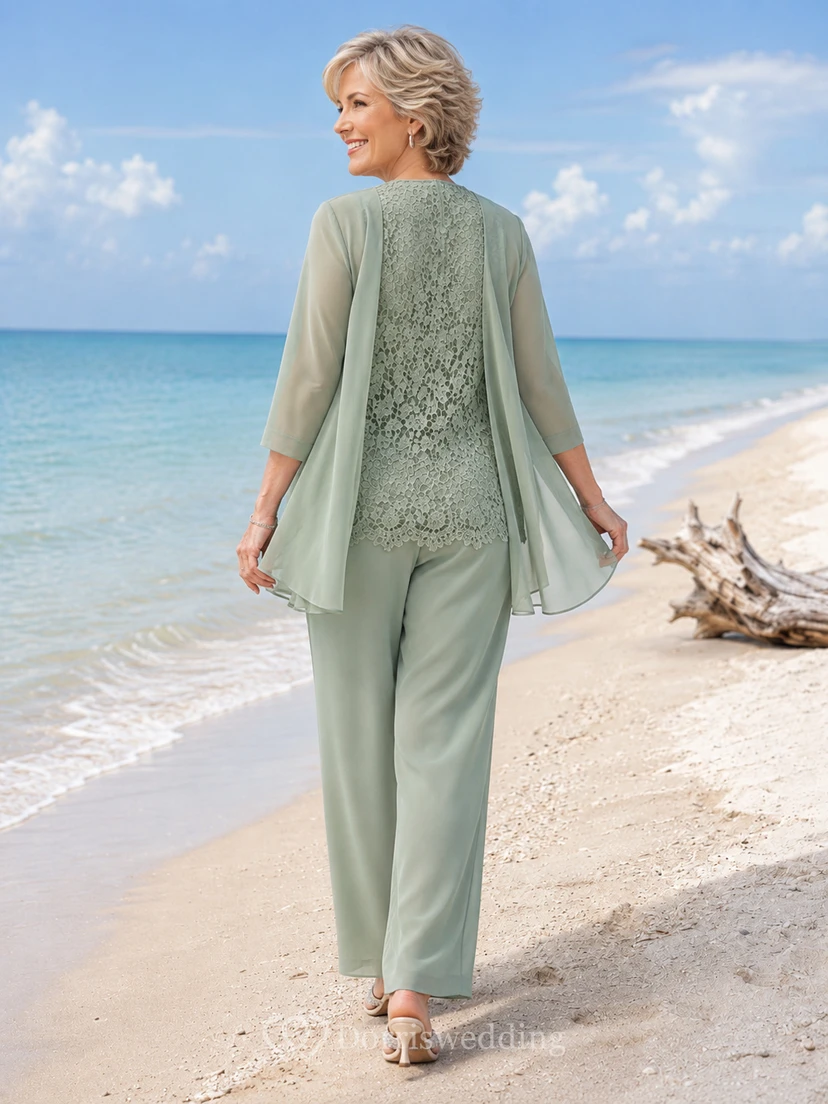Sage Romantic Scalloped-Lace Tunic Tapered Mother of the Bride Pantsuit with Three-Quarter Chiffon Jacket and Ankle Trousers view 2