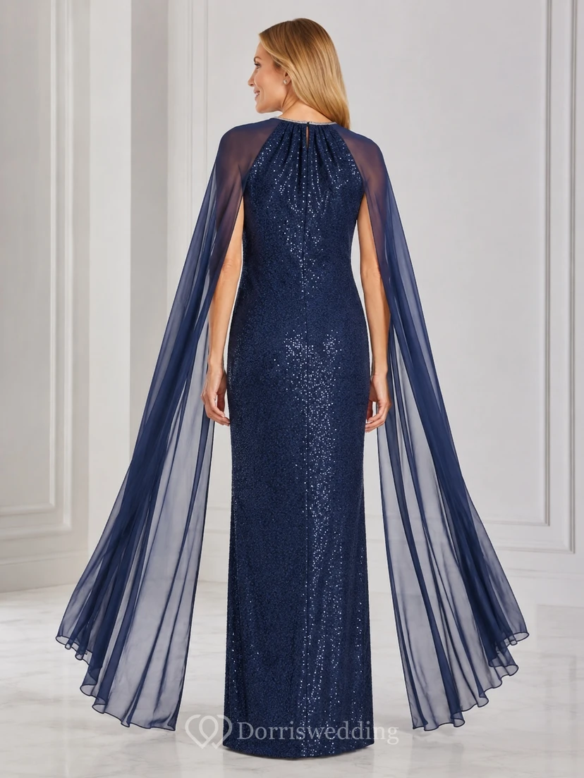 Dark Navy High Neck Sequined Cape Sheath Floor-Length Luxury Evening Gown view 2
