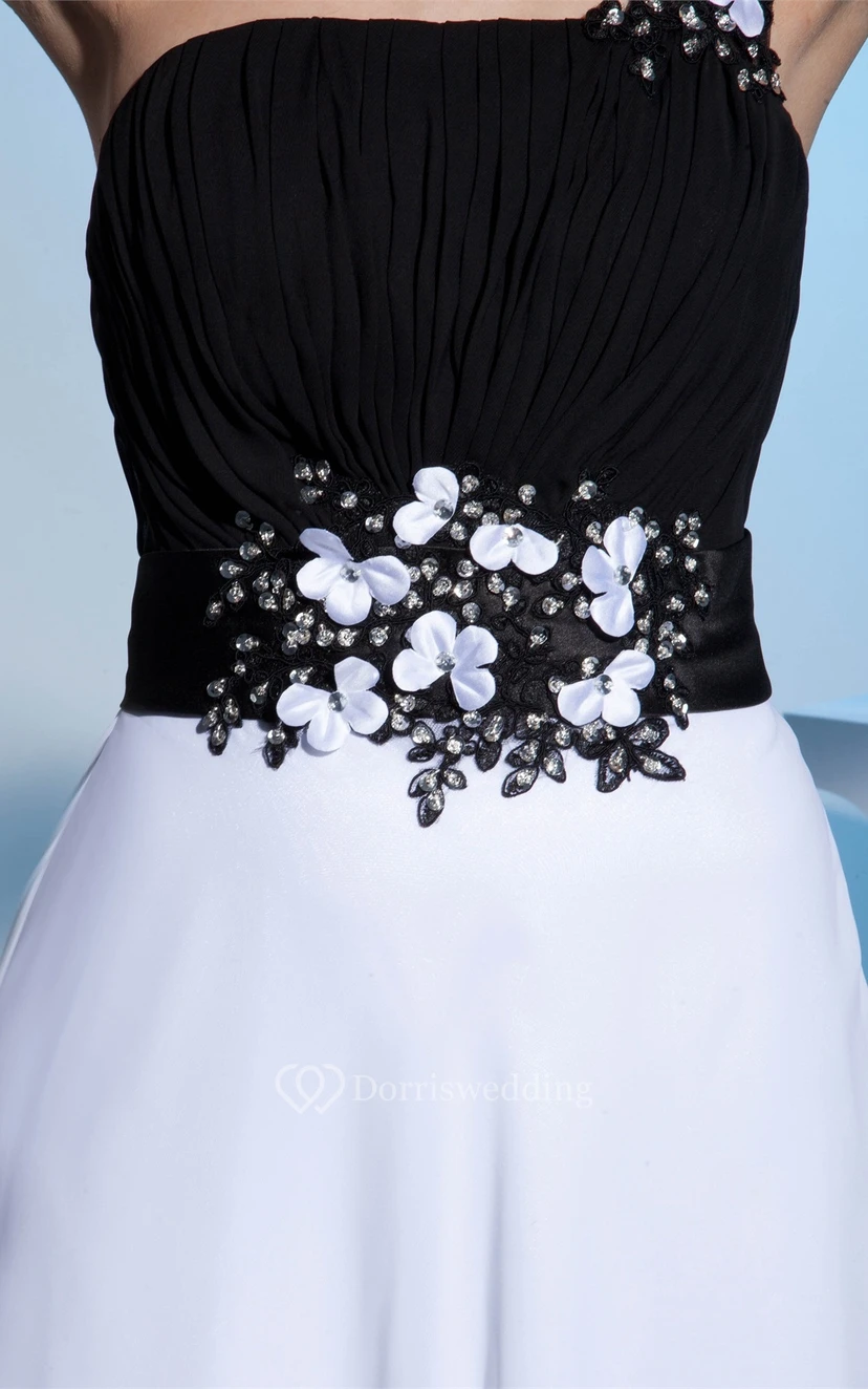 Black-And-White Floor-Length One-Shoulder Appliqued Waist and Dress With Ruching view 5