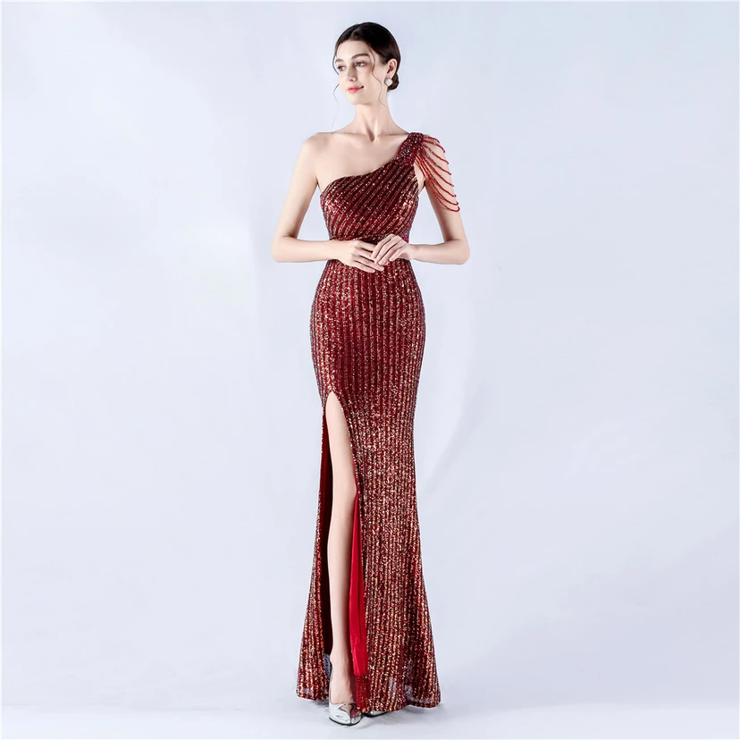 Heavy Beaded One-Shoulder Oblique Collar High Fork Sequin Dinner Dress view 10