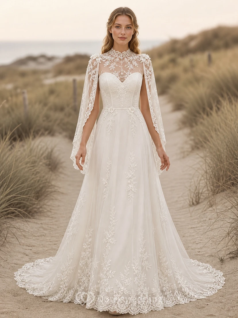 Vestido de novia bohemio de manga larga, corte A, escote barco, cola catedral de encaje con alas