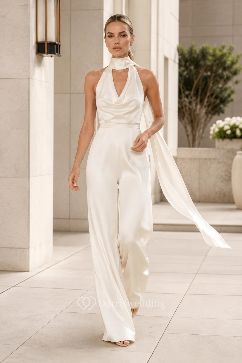 Combinaison de mariée blanche à dos nu drapée avec ceinture fluide