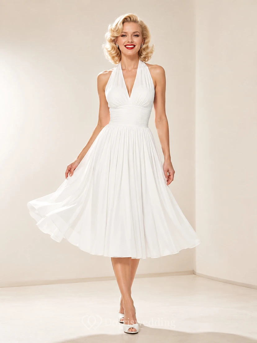 Pleated Halter Ivory A-Line Tea-length V-neck Sleeveless Chiffon Vintage Elegant Cocktail Guest Reception Dress