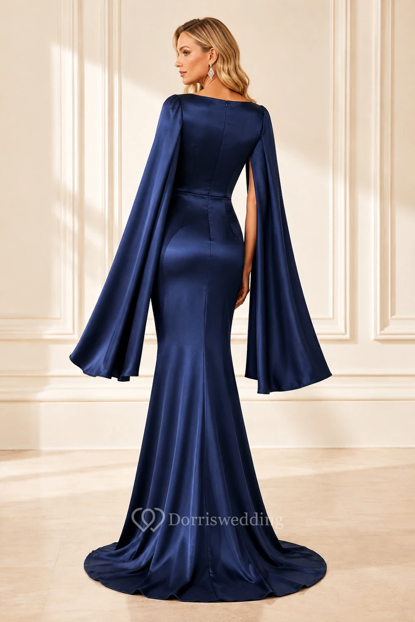 Evening Gown Dark Navy Satin Mermaid Bateau Neck Cape Sleeve Sweep Train view 2