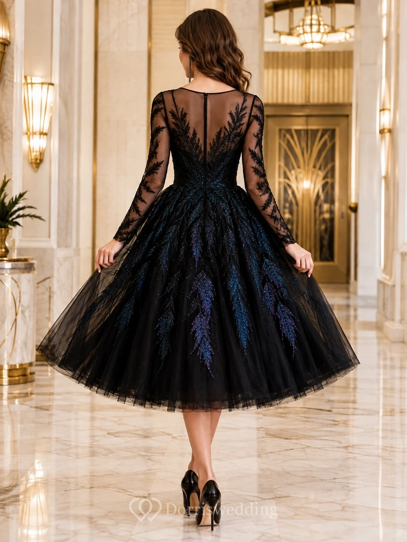 Black Gothic Lace V-neck Illusion Long Sleeve Tulle A-line Tea-length Dress view 2