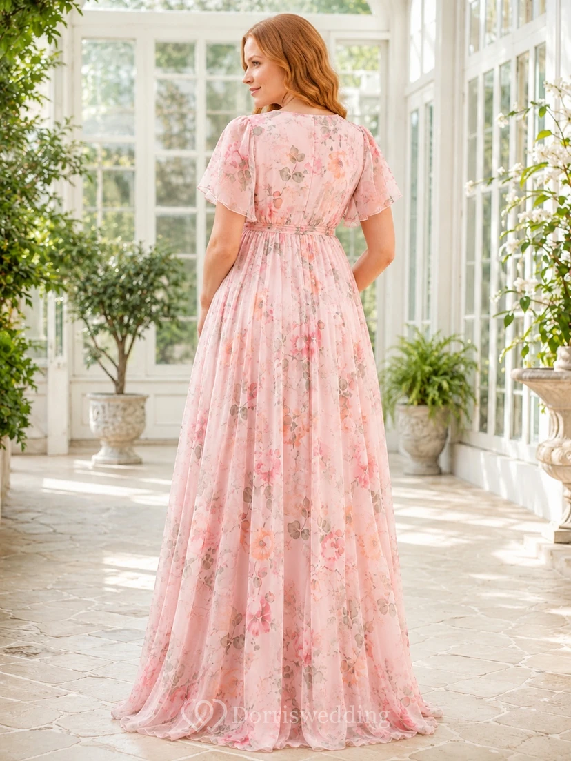 Maternity Pink Floral V-Neck Flutter Sleeve Empire A-Line Floor-Length Romantic Dress view 2