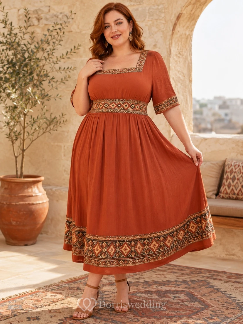 Vestido bohemio de gasa color óxido con cuello cuadrado y manga corta, largo hasta la rodilla y corte en A.