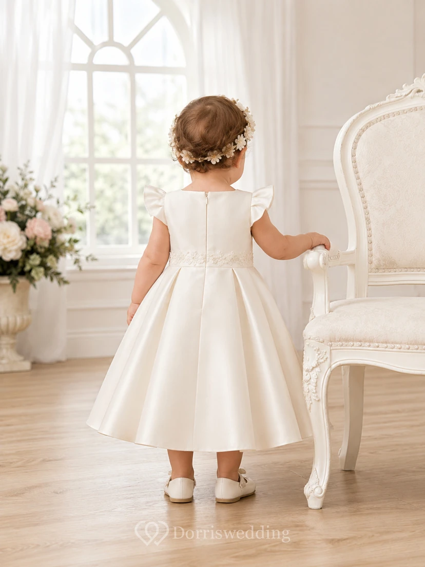Baby Baptism Christening Ceremony Dress A-Line Tea-Length Square Neck Flutter Sleeve Satin Button Back view 2