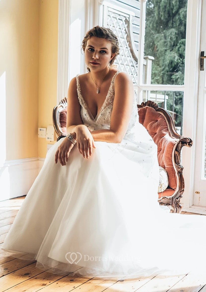 A-Line Floor-Length V-Neck Sleeveless Tulle Sweep Train Crystal Detailing Dress