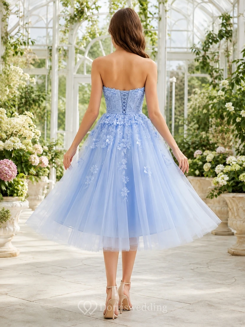 Romantic Sky Blue Strapless Tulle A-Line Tea-length Formal Dress view 2