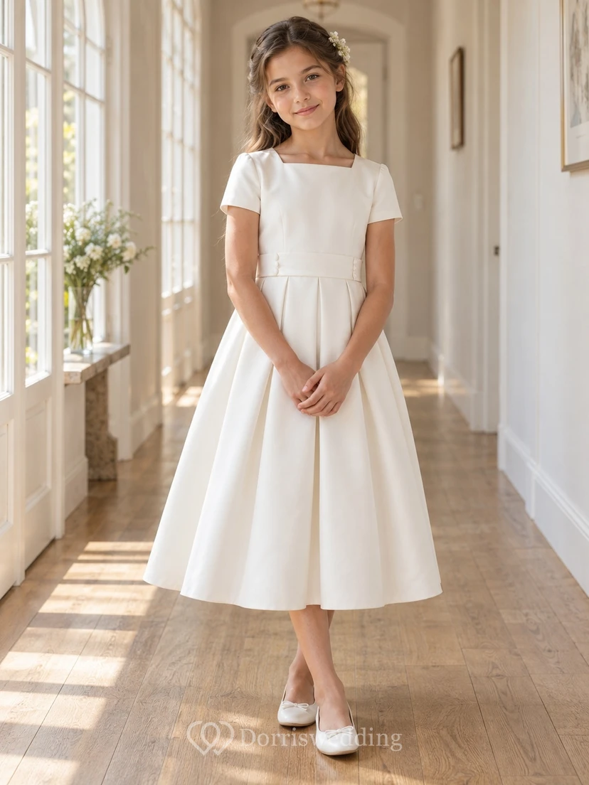 Simple Modest Square Neck Tea-length Ivory Short Sleeve Pleated Button Cluster A-Line Flowergirl Dress