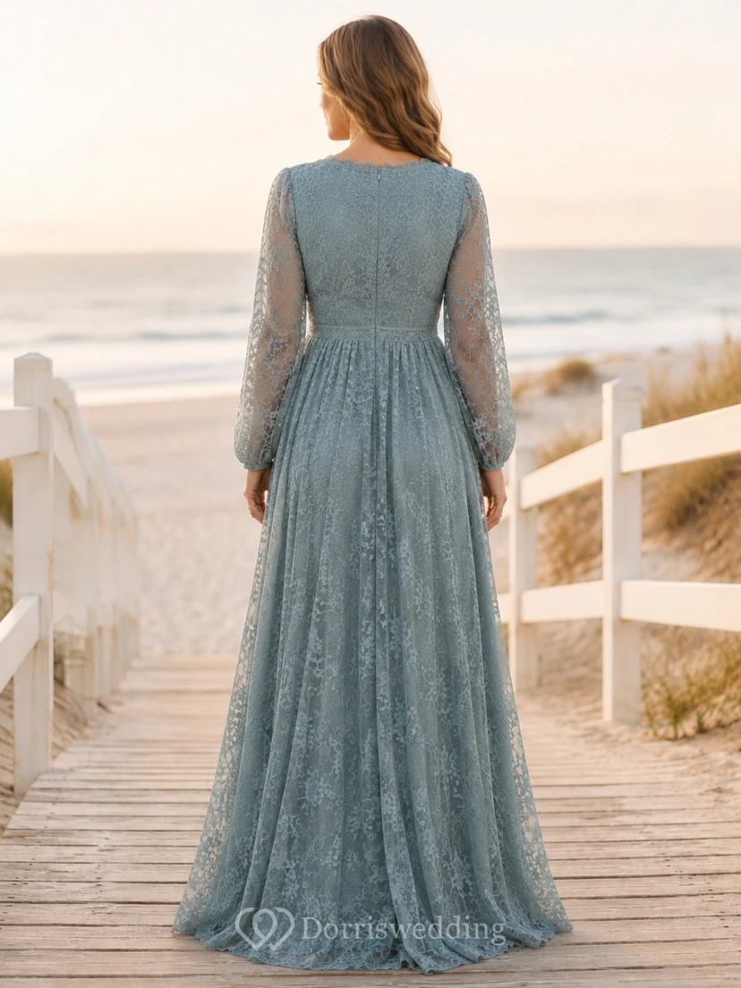 Modest Steel Grey V-neck Long Sleeve A-line Lace Formal Dress view 2