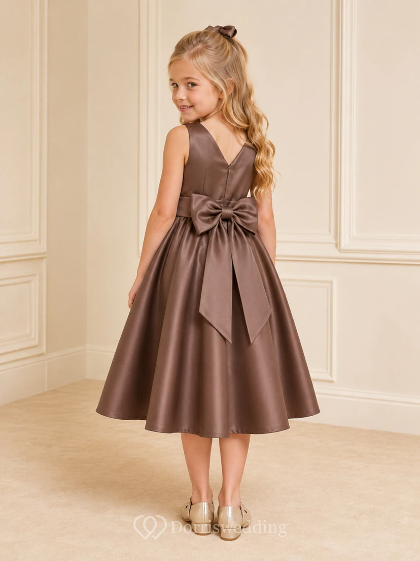 Schlichtes A-Linien-Kleid aus Satin mit Schleife, Rundhalsausschnitt, wadenlangem Rock und Schleifendetail. view 2
