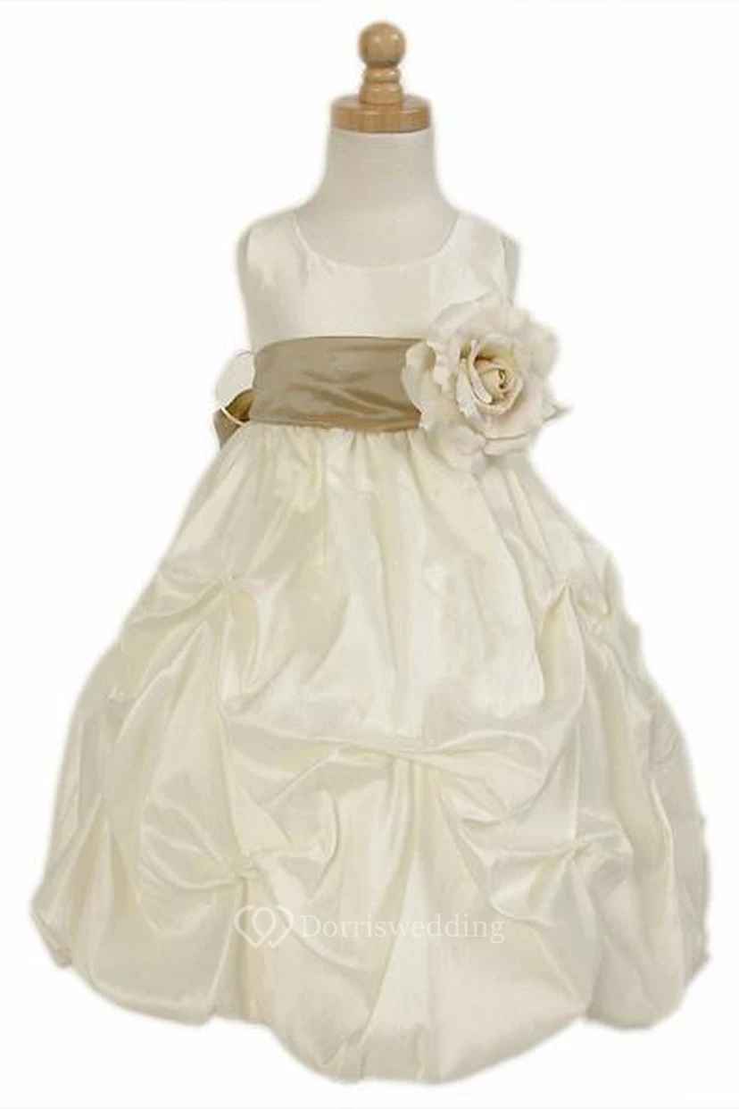 Ankle-Length Floral Pick Up Taffeta Flower Girl Dress