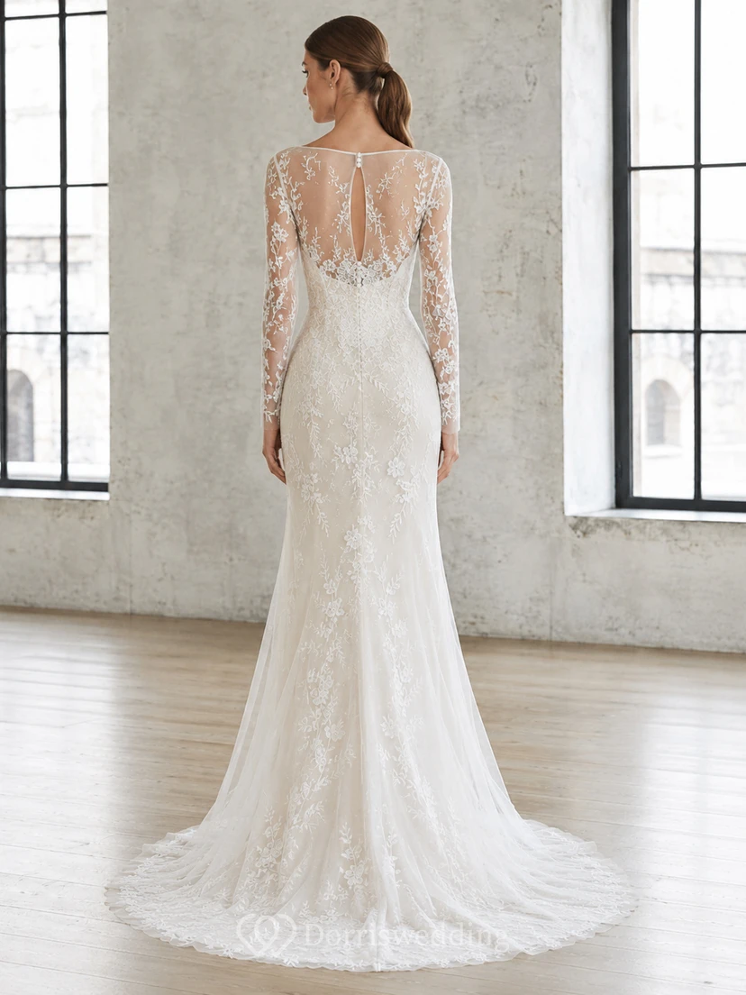 Robe de mariée sirène en dentelle florale à manches longues illusion bateau view 2