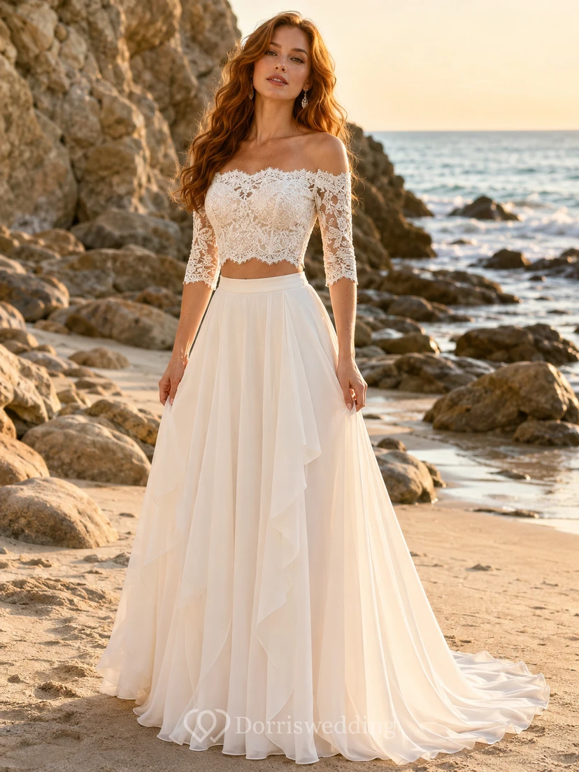 Off Shoulder Lace Crop Top Ruffled Chiffon Beach Bridal Set