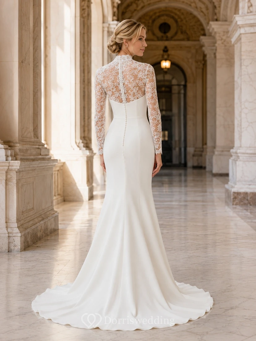 Vestido de novia formal de corte recto con cuello alto y manga larga. view 2