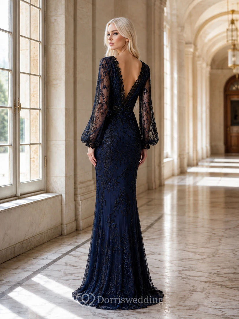 Dark Navy Gothic V-Neck Bell-Sleeve Lace Mermaid Floor Evening Gown view 2