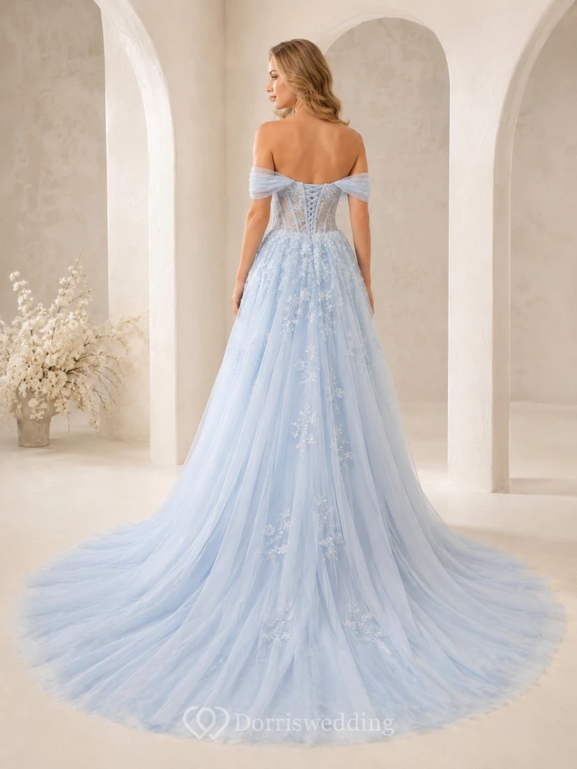 Vestido de novia sencillo, romántico y elegante con hombros descubiertos y corte en A de encaje. view 2