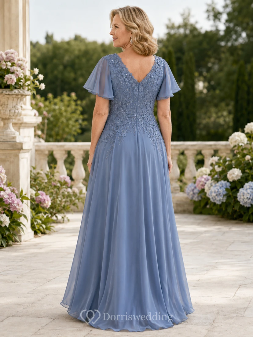 Slate Blue Floor-Length A-Line Romantic Mother of the Bride Chiffon Gown with V-Neck Flutter Sleeves and Floral Lace Bodice view 2