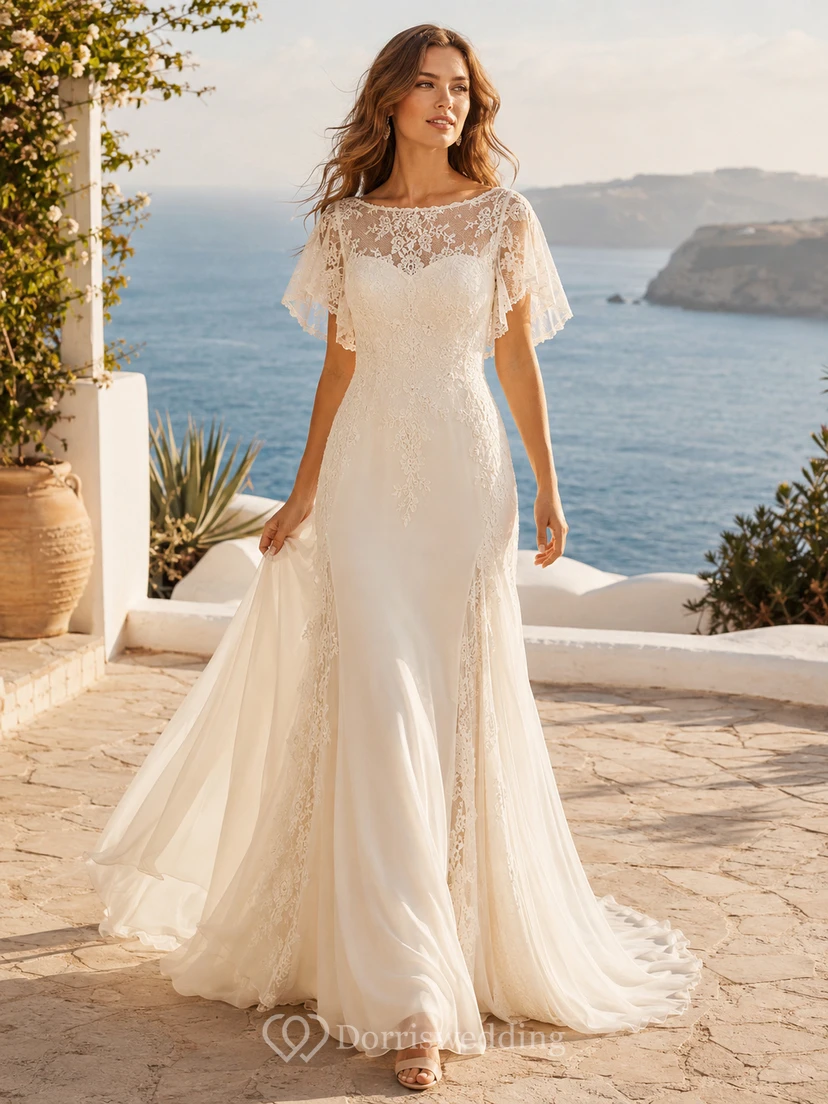 Robe de mariée bohème longue à manches papillon et dentelle, style romantique, pour la plage