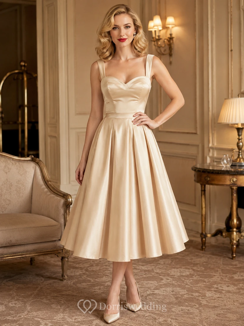 Champagne Spaghetti Satin Tea Length A Line Cocktail Dress