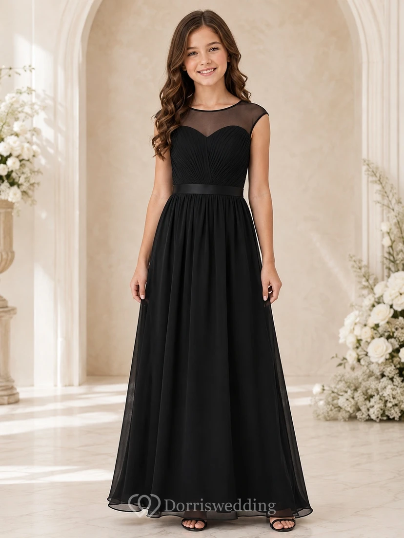 Schwarzes Brautjungfernkleid für junge Mädchen, A-Linie, herzförmiger Schnitt, kurze Ärmel, gerafft, modern