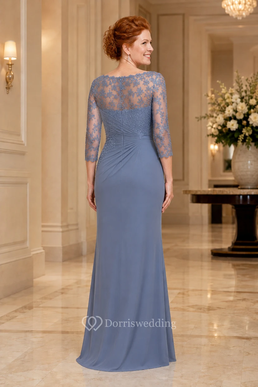 Steel Blue Lace Illusion Sheath Mother Dress With Three Quarter Sleeves view 2