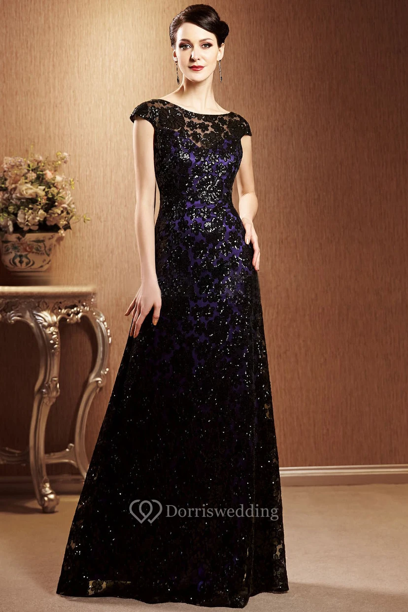 Cap-Sleeved Long Gown With Allover Sequins And V-Back