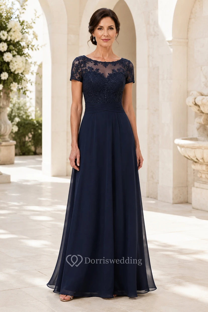 MOB-Kleid, dunkelblau, Chiffon, Spitze, A-Linie, kurze Ärmel, Rundhalsausschnitt, bodenlang