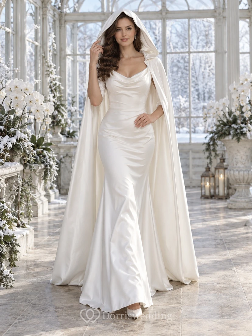 Schlichtes Satin-Etui-Kleid mit Wasserfallausschnitt und Kapuze für Winterhochzeiten