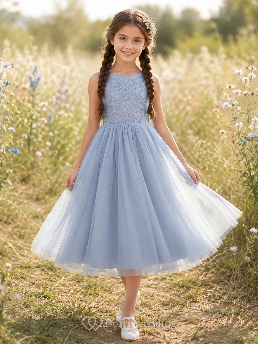 Flower Girl Dress A-Line Sky Blue Soft Lined Tulle Sleeveless Garden