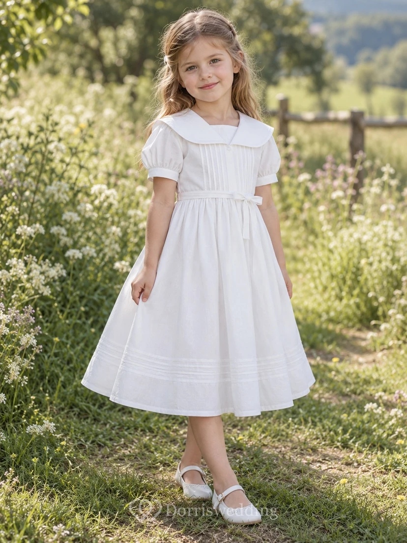 Weißes Baumwollkleid mit quadratischem Ausschnitt, wadenlang, Matrosenärmeln und Puffärmeln, Blumenmädchenkleid