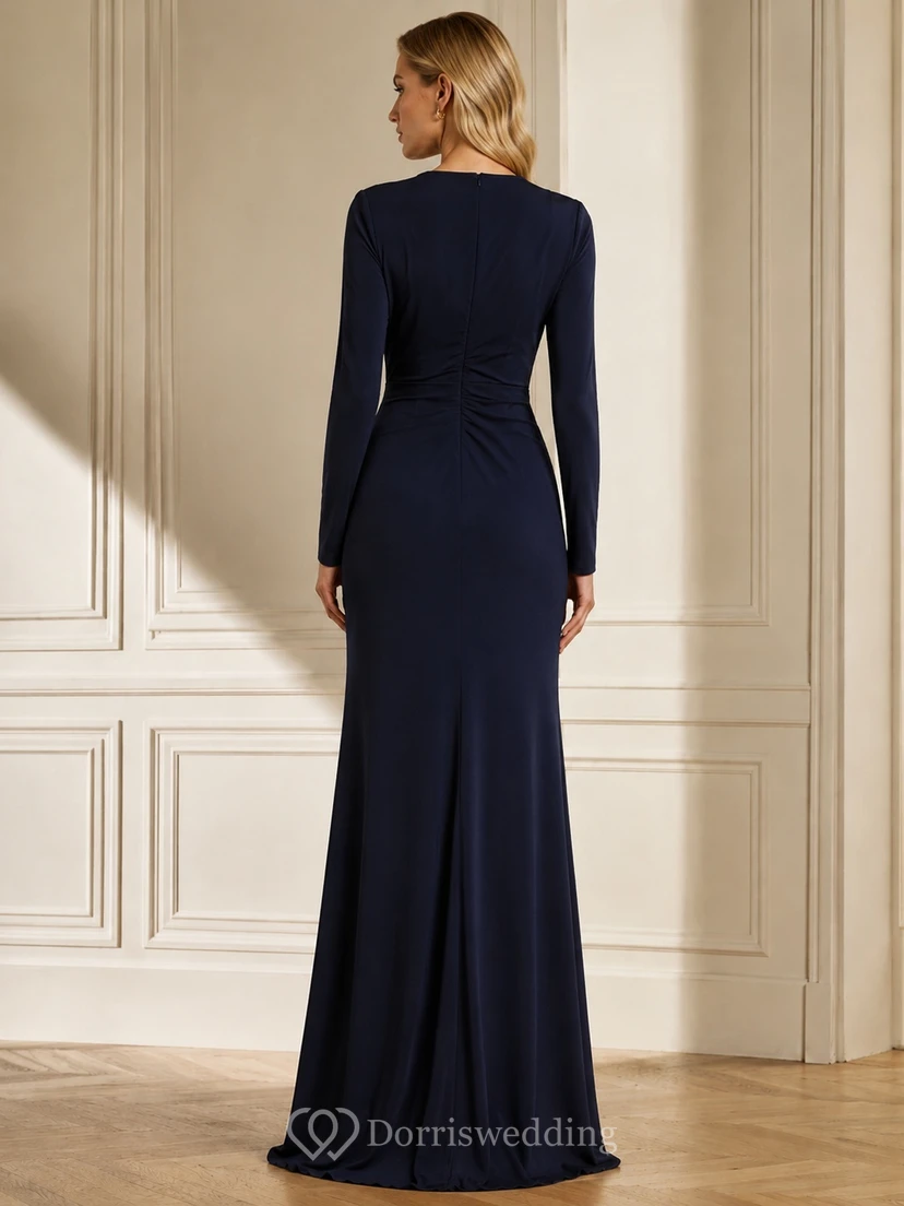 Ink Navy Wrap V-Neck Long Sleeve Jersey Sheath Floor-Length Evening Dress view 2