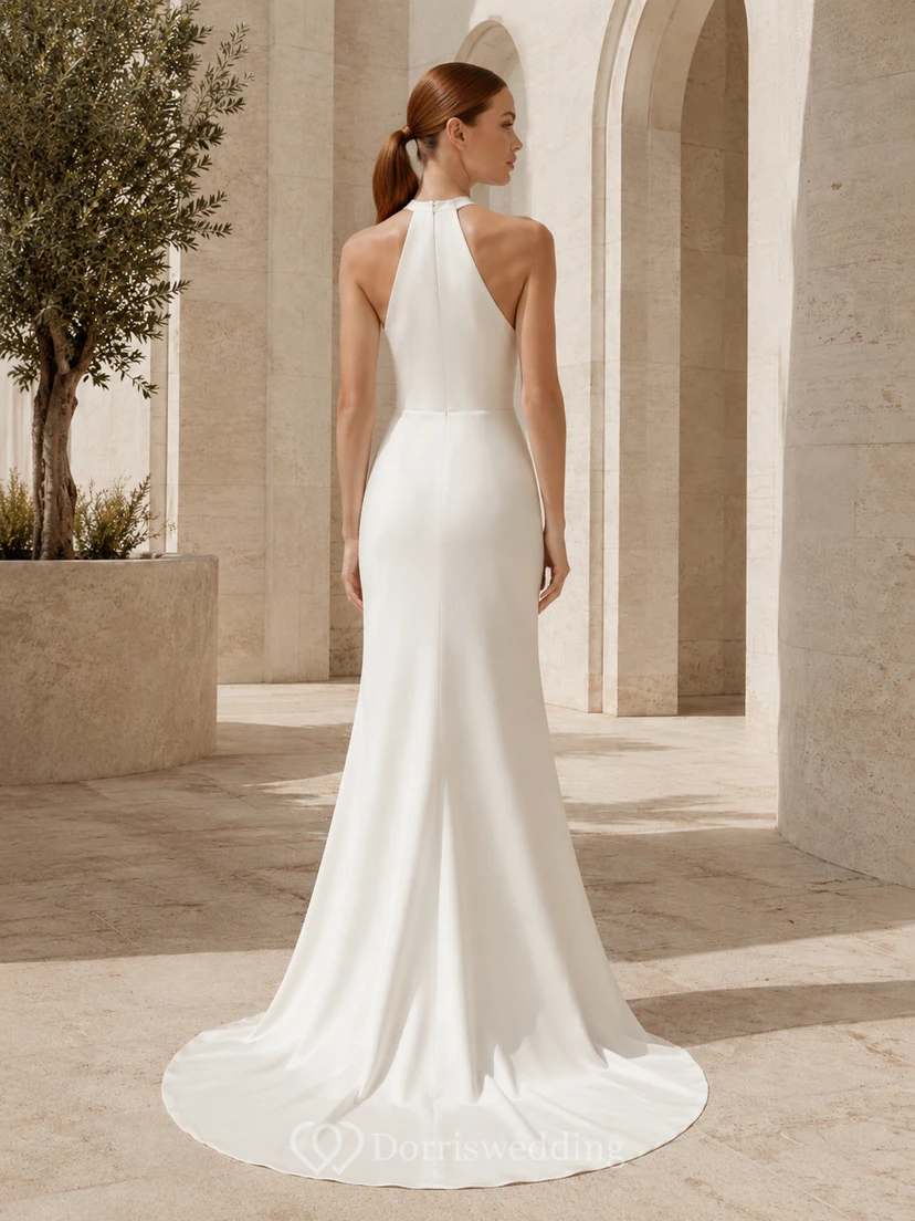 Stretch Satin Wedding Dress Mermaid Halter Sleeveless Sweep Train Open Back Bridal Gown view 2