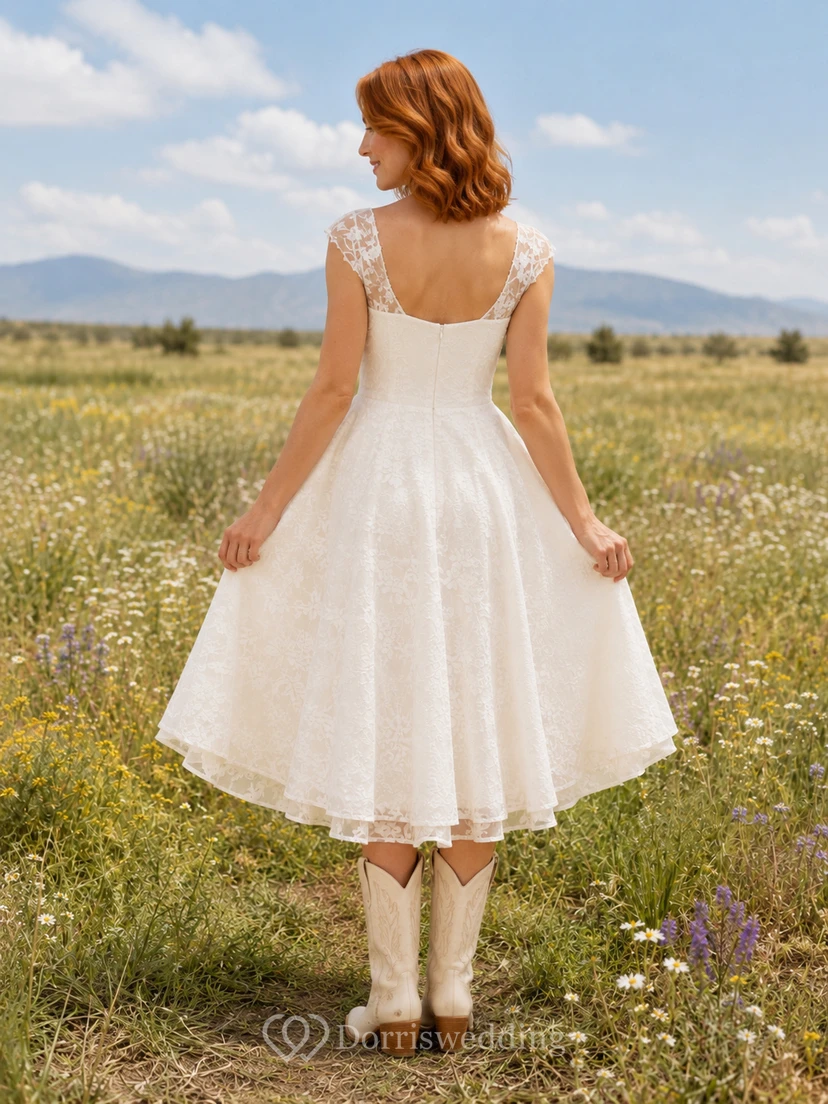 Western Country Simple Casual A-Line Lace Satin Wedding Dress with Square Neck Cap Sleeves Short Sleeve Tea-Length Knee-Length view 2