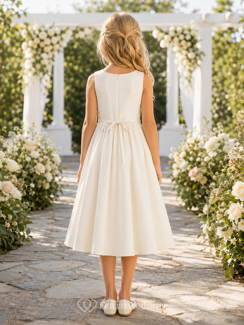 Blumenmädchenkleid aus elfenbeinfarbenem Chiffon und Tüll, A-Linie, Rundhalsausschnitt, Teelänge, plissiert view 2