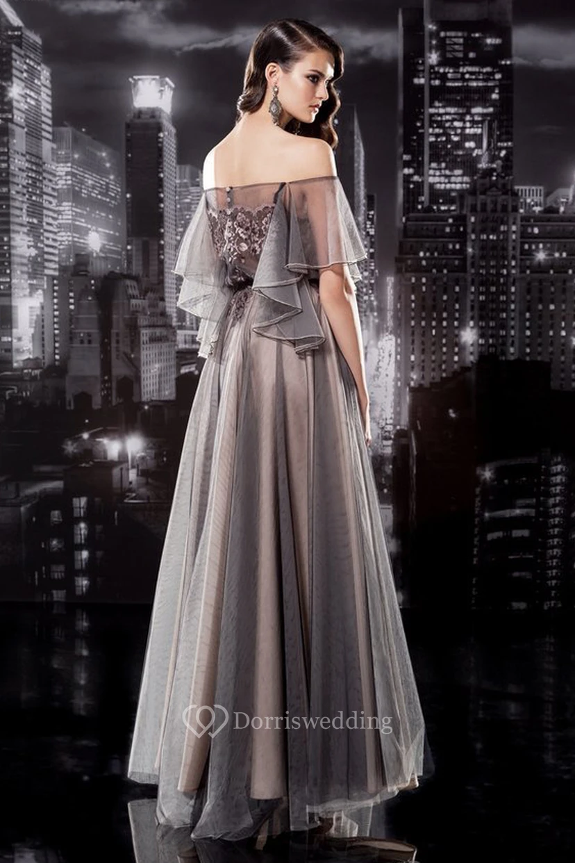 A-Line Off-The-Shoulder Short Sleeve Tulle Illusion Dress With Appliques And Pleats view 2