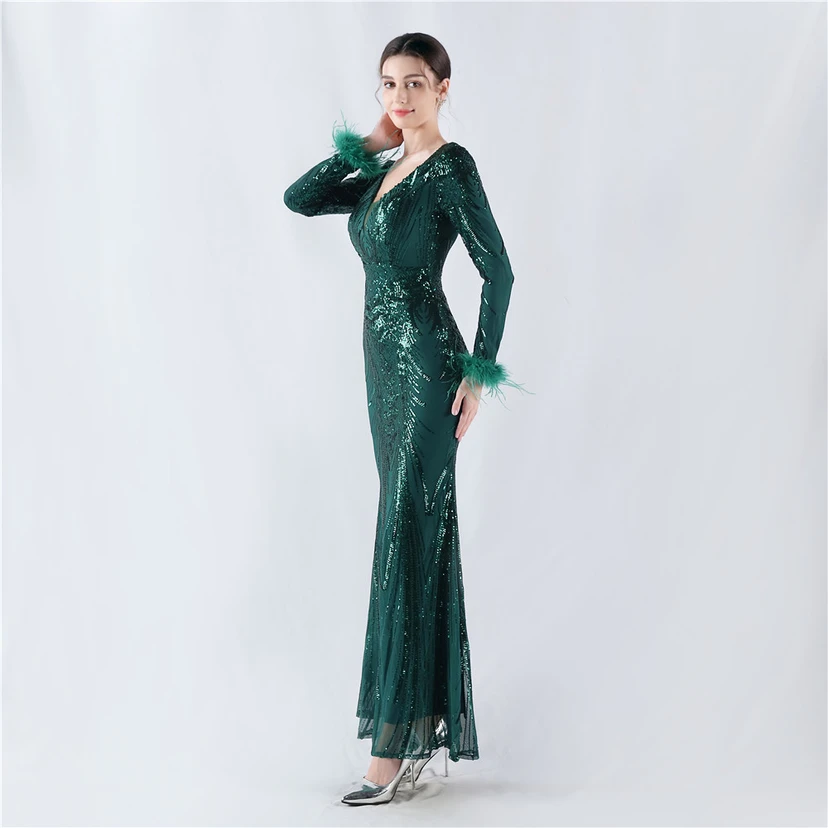 Robe de soirée haut de gamme ornée de perles florales fixes et de poils d'autruche, hôte de la réunion annuelle d'hiver view 48