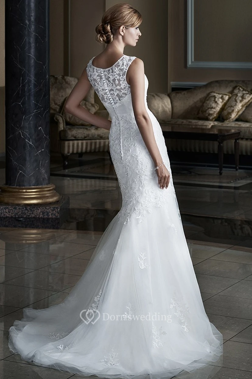Trompetenförmiges, appliziertes, ärmelloses Meerjungfrauen-Brautkleid aus Tüll und Spitze mit Rundhalsausschnitt und langem Halsausschnitt view 2