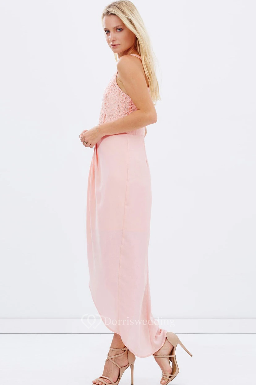 High-Low Lace Scoop Neck Sleeveless Chiffon Bridesmaid Dress view 3