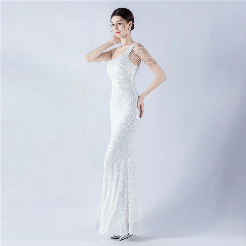 Heavy Beaded One-Shoulder Oblique Collar High Fork Sequin Dinner Dress view 31